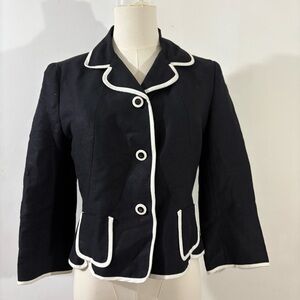 Jillian Jones Linen Blend Blazer Jacket Navy White Trim 3/4 Sleeves Sz 4 Classic